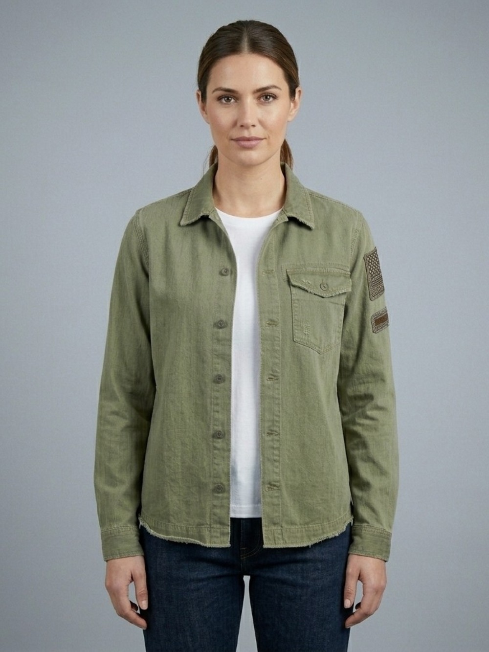 Free People Olive Jacket with Embro Sleeve Patch